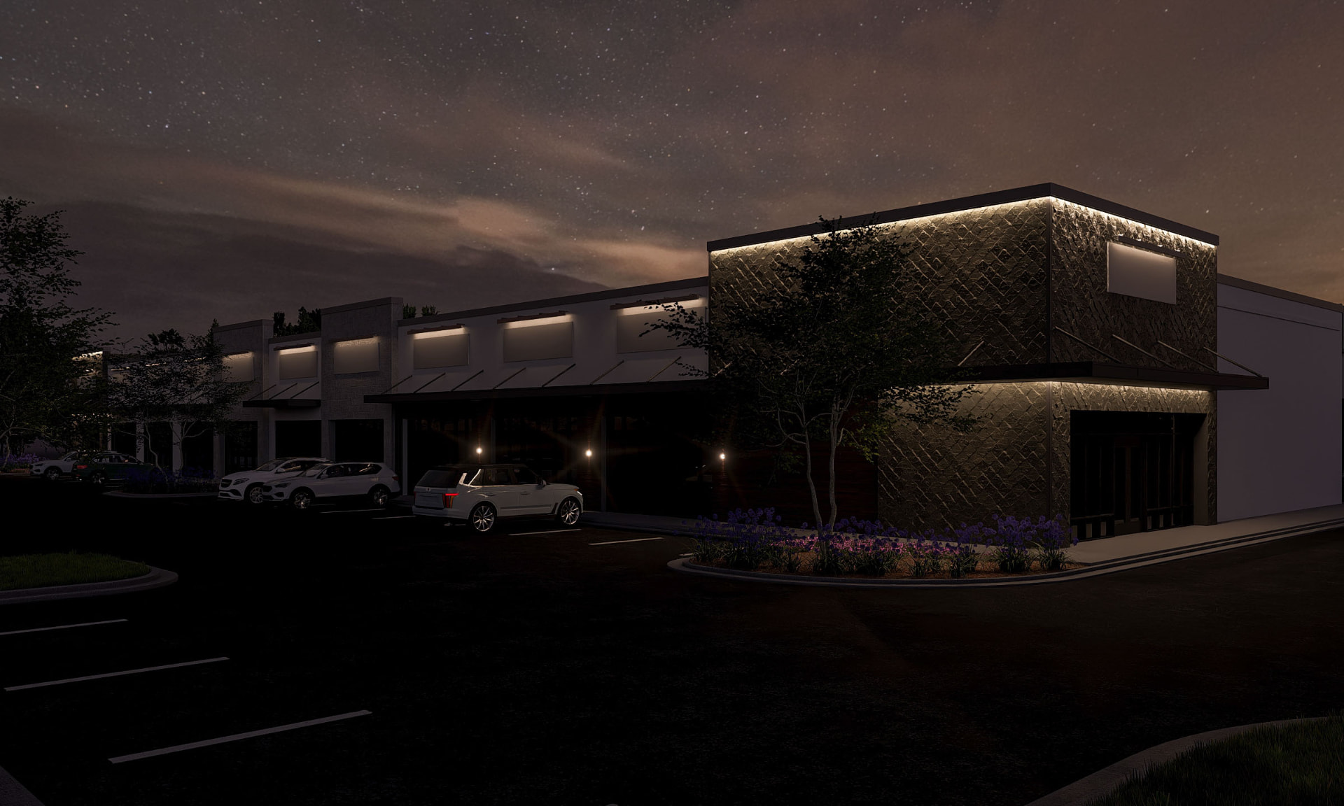 Spencer Plaza illuminated at night