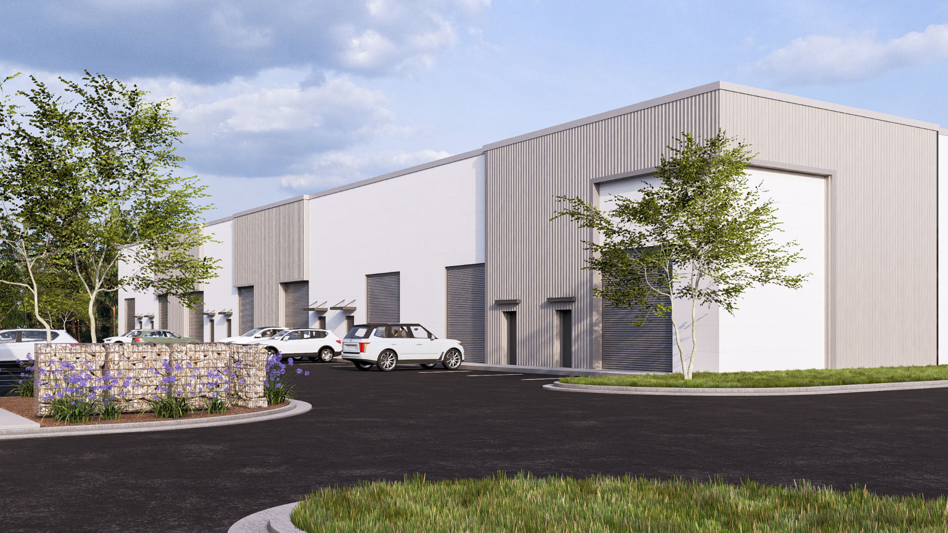 Spencer Plaza flex warehouse building with roll-up loading doors