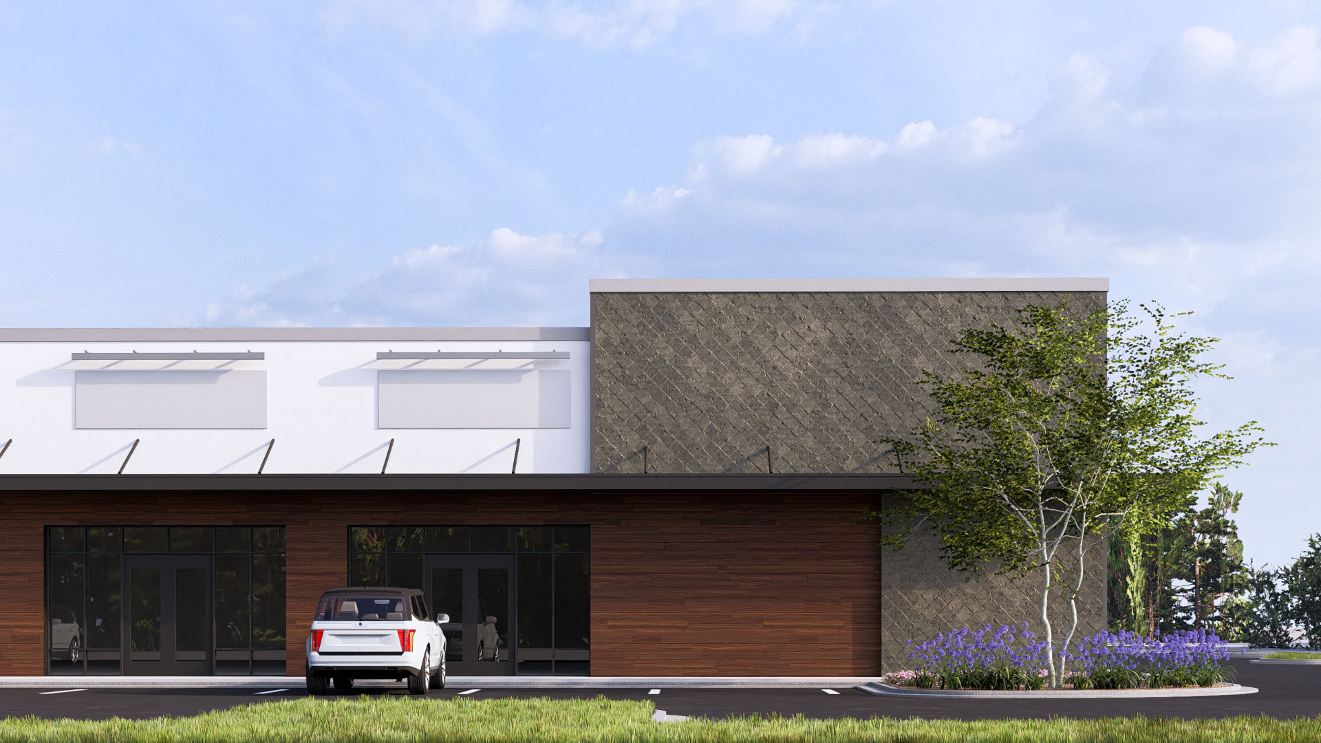 Spencer Plaza storefront elevation with wood and stone facade